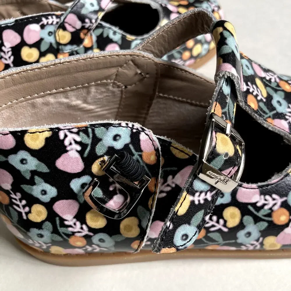 Mon Petit Shoes Hard Sole T-Strap Shoes - Marigold Floral - 12